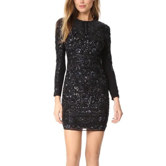 Needle & Thread Long Sleeve Lace Sequin Embellished Mini Dress Black Midnight 0